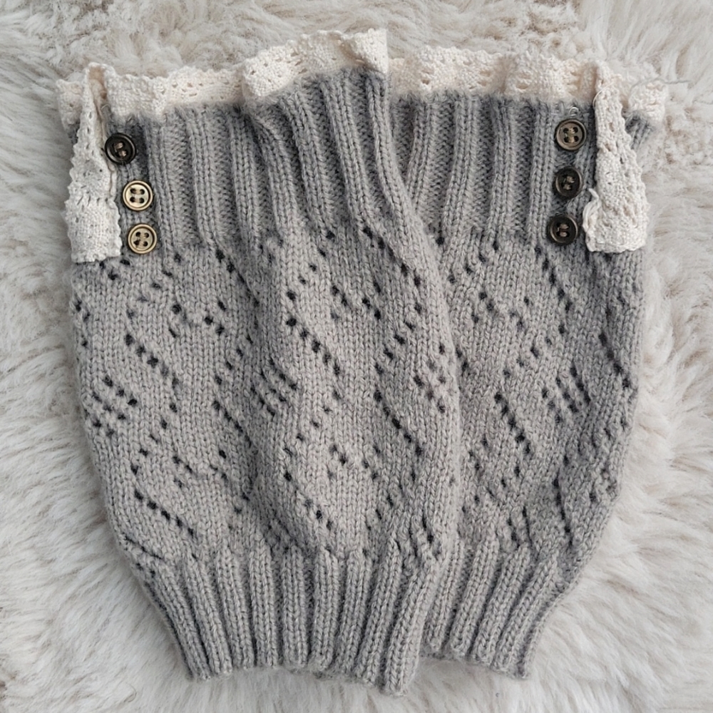 Boot Cuffs 2 prs Black & Gray, Ivory Lace & Bronze Buttons - Picture 2 of 6